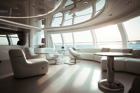 Luxury traveling. Interior of modern motor yacht.Generative AIの素材