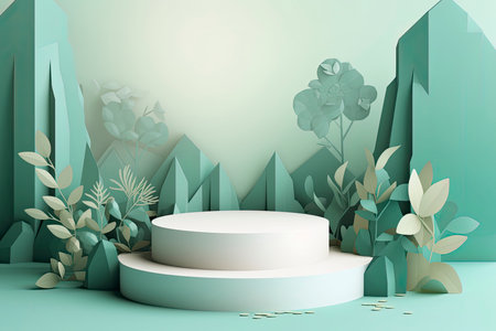 Product banner, podium platform with geometric shapes and nature background, paper.Generative AIの素材