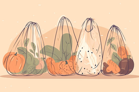 set of three eco net bags with various products zero waste plastic free.Generative AIの素材