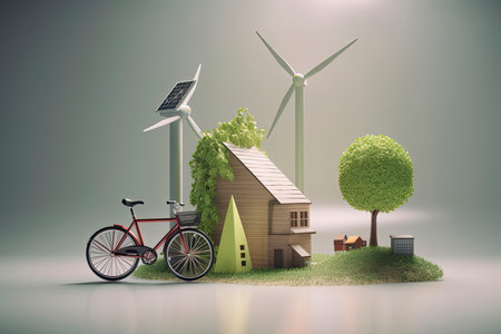 Seedling around by solar panels,wind turbine,recycle bin,bicycle,ecology icons,World environment day.Generative AIの素材