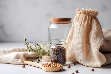 Zero waste, plastic-free and eco-friendly lifestyle. Cotton mesh bag, glass bottle.Generative AIの素材