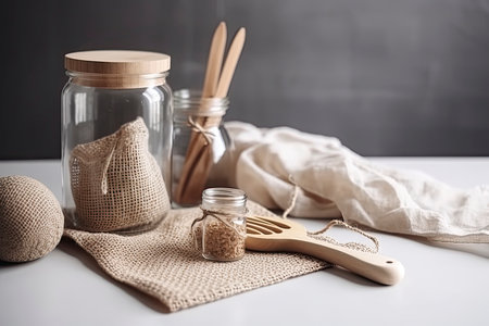 Zero waste, plastic-free and eco-friendly lifestyle. Cotton mesh bag, glass bottle.Generative AIの素材