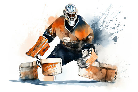 Illustration of a professional ice hockey player goalkeeper in action on white background.Generative AIの素材