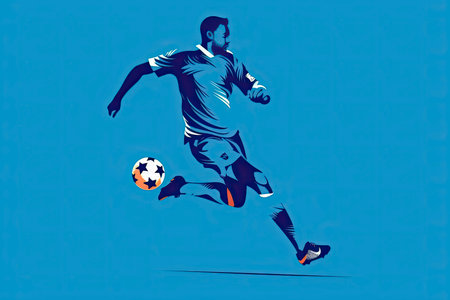 football soccer player man in action isolated blue background.Generative AIの素材