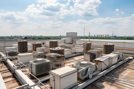 Air conditioning (HVAC) on the roof of an industrial building.Generative AIの素材