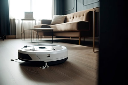 A robotic vacuum cleaner is moving around indoors, cleaning the home on a sunny day.Generative AIの素材