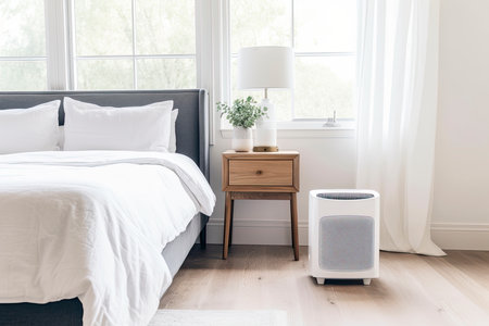 Air purifier in cozy white bedroom.Generative AIの素材