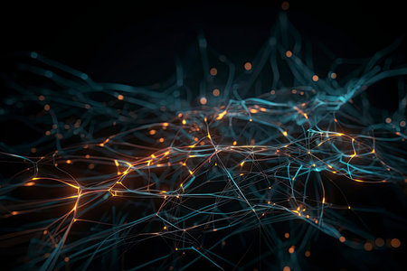Artificial Intelligence concept - 3d rendered image. Dark background. Glowing abstract digital neuron connections. Hologram human brain view. Innovative process technology. Plexus line.Generative AIの素材