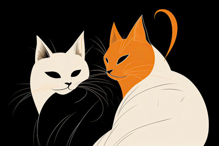 cartoon couple of cats with white hair, in the style of dark bronze and orange, elegant use of negative space.Generative AIの素材