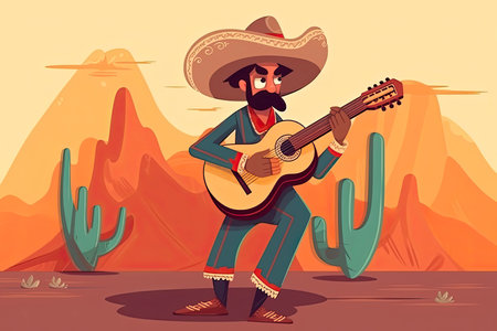 Cartoon Mexican man with guitar for Cinco De Mayo celebration.Generative AIの素材