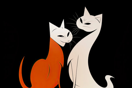 cartoon couple of cats with white hair, in the style of dark bronze and orange, elegant use of negative space.Generative AIの素材