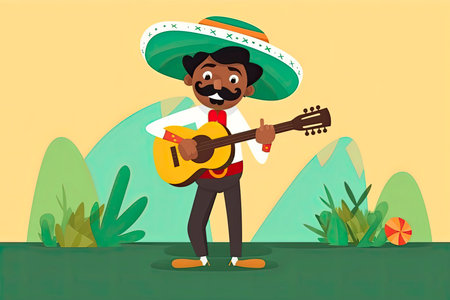 Cartoon Mexican man with guitar for Cinco De Mayo celebration.Generative AIの素材
