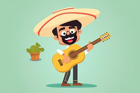 Cartoon Mexican man with guitar for Cinco De Mayo celebration.Generative AIの素材