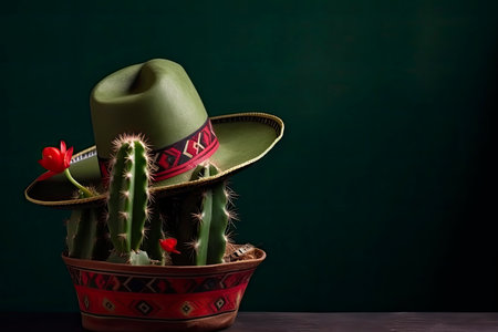 Cactus wearing a mexican sombrero hat. Cinco de mayo celebration background.Generative AIの素材