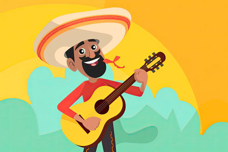 Cartoon Mexican man with guitar for Cinco De Mayo celebration.Generative AIの素材