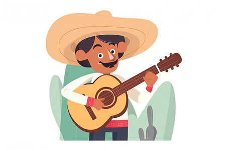 Cartoon Mexican man with guitar for Cinco De Mayo celebration.Generative AIの素材