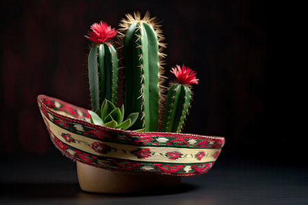 Cactus wearing a mexican sombrero hat. Cinco de mayo celebration background.Generative AIの素材