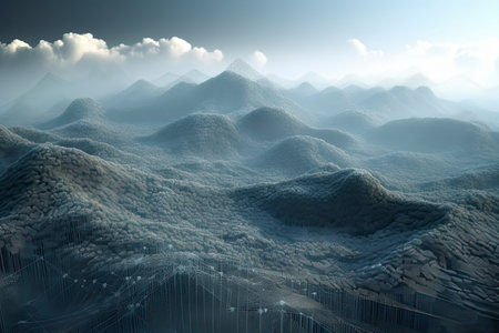 Digital landscape terrain made of dots, grid patterns and particles.Generative AIの素材