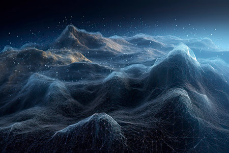 Digital landscape terrain made of dots, grid patterns and particles.Generative AIの素材