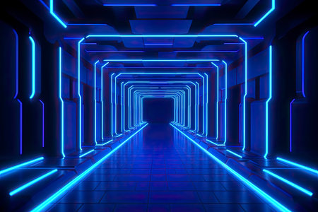 3d render, blue neon abstract background, ultraviolet light, night club empty room interior.Generate Aiの素材