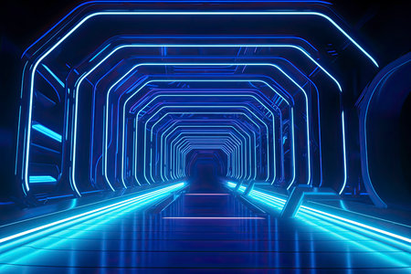 3d render, blue neon abstract background, ultraviolet light, night club empty room interior.Generate Aiの素材