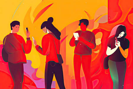 Group young people using mobile smartphone outdoor - Millennial generation having fun with new trends.Generate Aiの素材