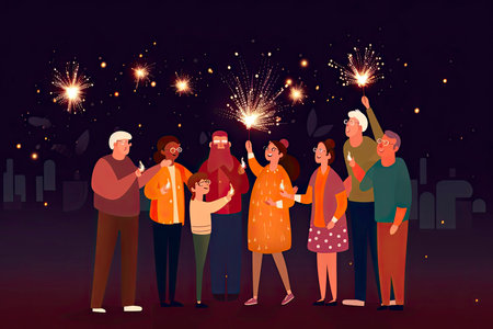 Happy family celebrating with sparkler at night party outdoor - Group of people with different ages.Generate Aiの素材