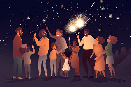 Happy family celebrating with sparkler at night party outdoor - Group of people with different ages.Generate Aiの素材