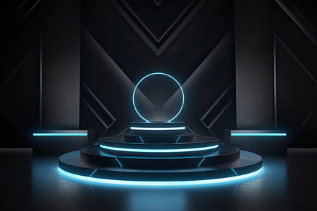 Futuristic dark podium with light and reflection background.Generate Aiの素材