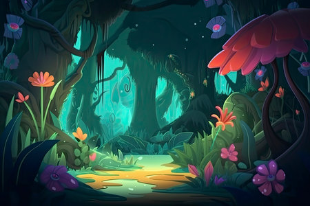 Morning Forest. Video Game's Digital CG Artwork, Concept Illustration, Realistic Cartoon Style Background.Generate Aiの素材