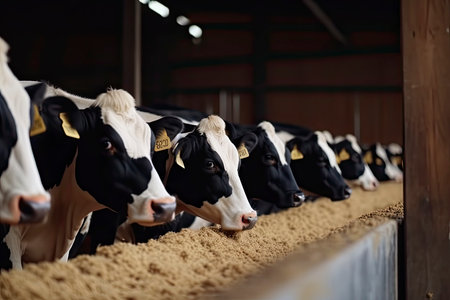 Healthy dairy cows feeding on fodder standing in row of stables in cattle farm barn with worker adding food for animals in blurred background.Generate Aiの素材
