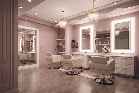 Luxury Hairdressing And Beauty Salon Interior With Chairs, Mirrors And Spotlights.Generate Aiの素材