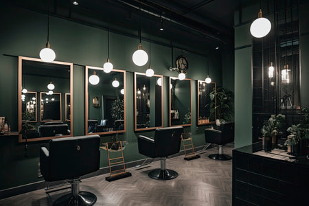 Luxury Hairdressing And Beauty Salon Interior With Chairs, Mirrors And Spotlights.Generate Aiの素材
