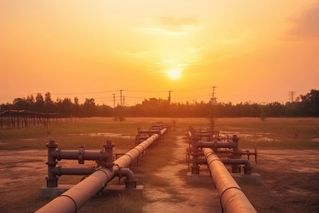 Oil Or Gas Transportation With Blue Gas Or Pipe Line Valves On Soil And Sunrise Background.Generate Aiの素材