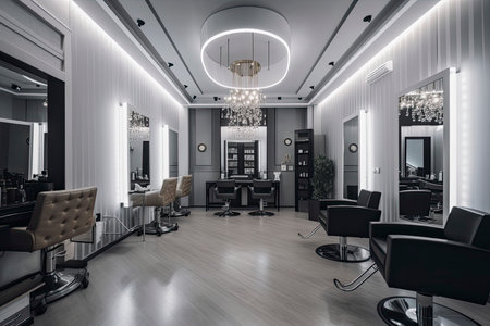 Luxury Hairdressing And Beauty Salon Interior With Chairs, Mirrors And Spotlights.Generate Aiの素材
