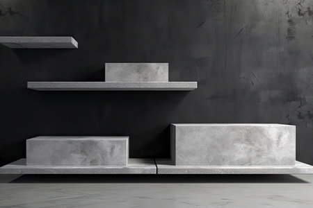Product setting podium rough stone slabs, marble counter concrete table and stone shelves.Generate Aiの素材