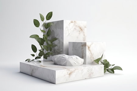 Stone product display podium with nature leaves on white background. 3D rendering.Generate Aiの素材
