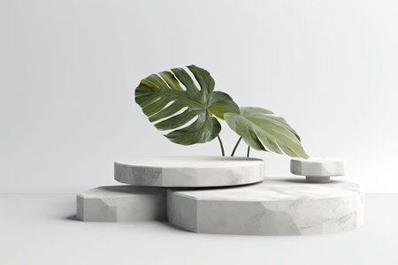Stone product display podium with nature leaves on white background. 3D rendering.Generate Aiの素材
