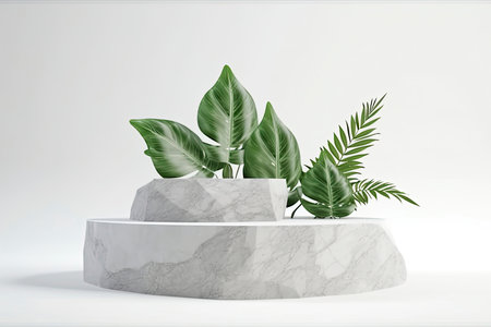 Stone product display podium with nature leaves on white background. 3D rendering.Generate Aiの素材