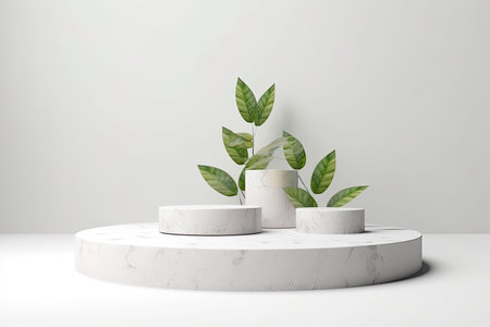 Stone product display podium with nature leaves on white background. 3D rendering.Generate Aiの素材