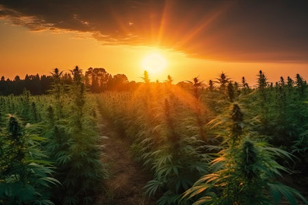 Sunset Cannabis Field. Marijuana Plants.Generate Aiの素材