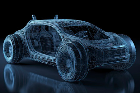 Augmented reality of wireframe car concept on the road and futuristic city on the background. Professional 3d rendering.Generate Aiの素材
