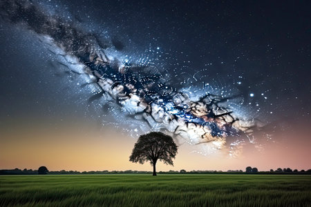 A single tree in a field with beautiful space background.Generate Aiの素材