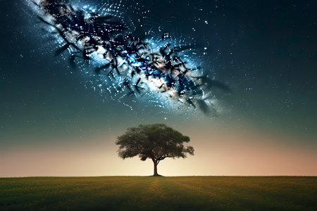 A single tree in a field with beautiful space background.Generate Aiの素材