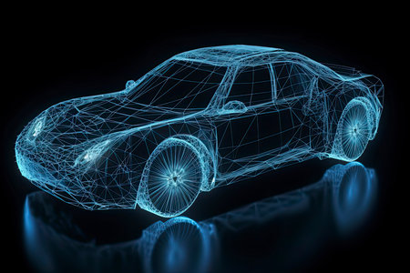 Augmented reality of wireframe car concept on the road and futuristic city on the background. Professional 3d rendering.Generate Aiの素材