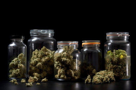 Assorted cannabis bud strains and glass jars isolated on black background.Generate Aiの素材