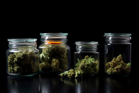 Assorted cannabis bud strains and glass jars isolated on black background.Generate Aiの素材