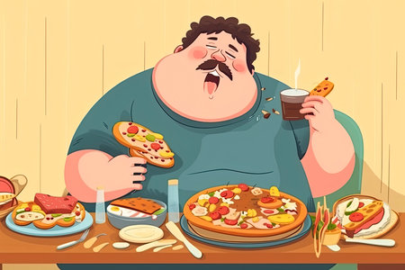 Fat man enjoy with a lot of fast food on the table.Generate Aiの素材