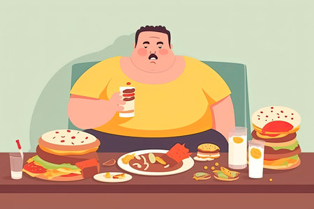 Fat man enjoy with a lot of fast food on the table.Generate Aiの素材