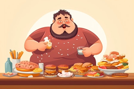 Fat man enjoy with a lot of fast food on the table.Generate Aiの素材